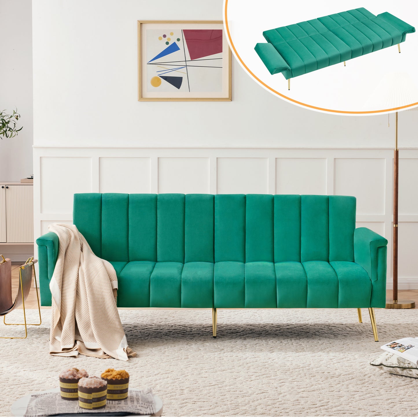 Modern Adjustable Velvet Sofa Bed With Multi Position Backrest & Armrests, Metal Legs, Convertible Sleeper Function, Ideal For Living Room, Bedroom, Home Theater & Guest Room, Green, Video Included