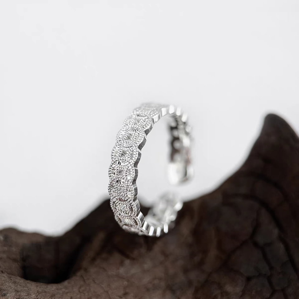 1pc 999 Sterling Silver Ice-cut Coin Pattern Open Ring, Sparkly Retro Style, Perfect For Daily Wear & Valentine's Day Gift