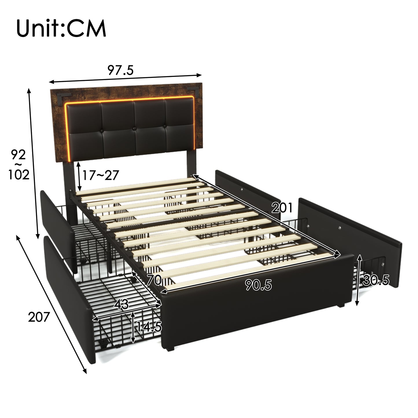 Bed Frame With LED Lighting Strip And 4 Drawers, Single Bed Upholstered Bed 90x200cm, Height-adjustable Headboard, Functional Bed, PU Black  Without Mattress