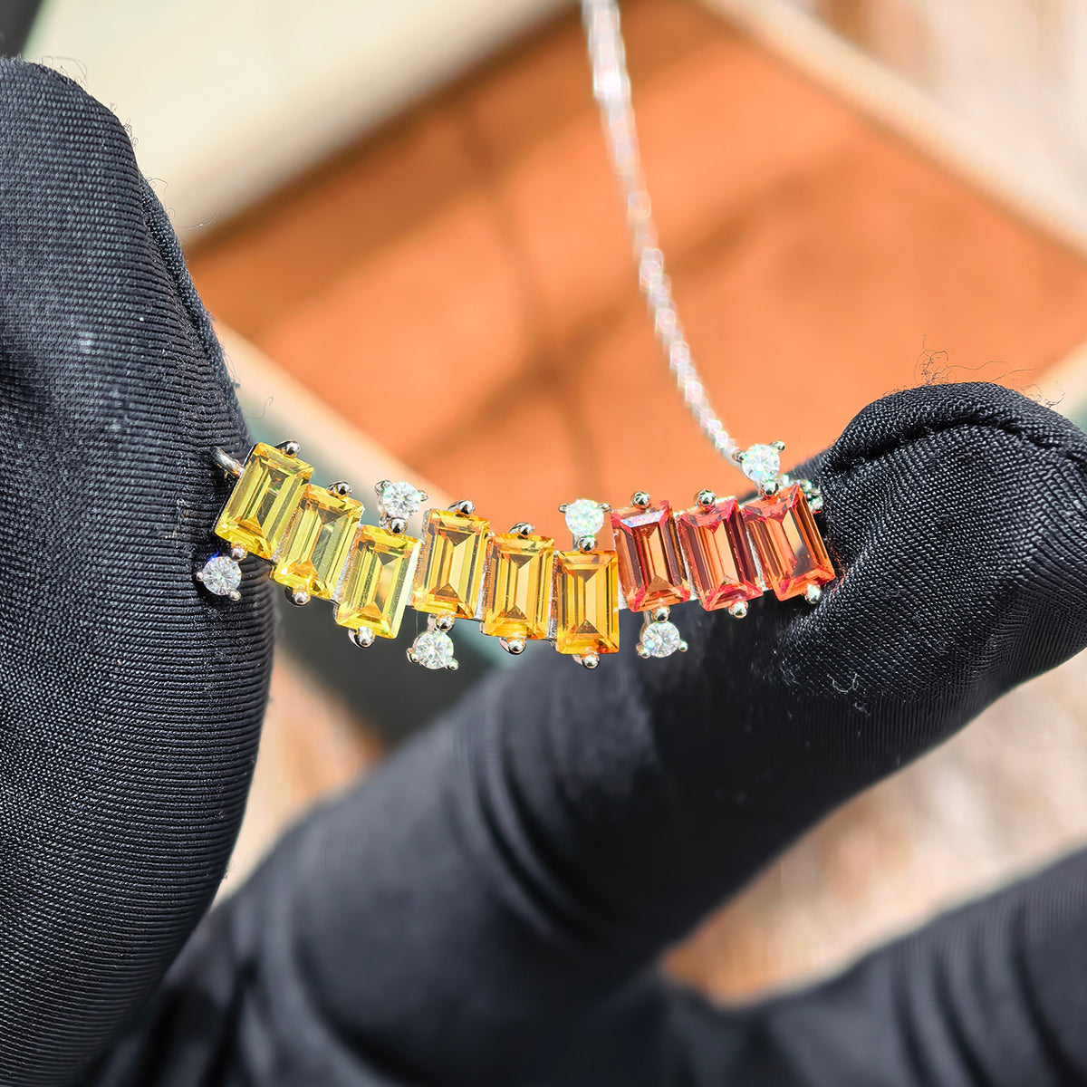 S925 Sterling Silver Rectangle Rainbow Lab-Grown Gemstone Necklace 45cm Platinum Plated With D Color VVS1 Moissanite GRA Certified Gift Box