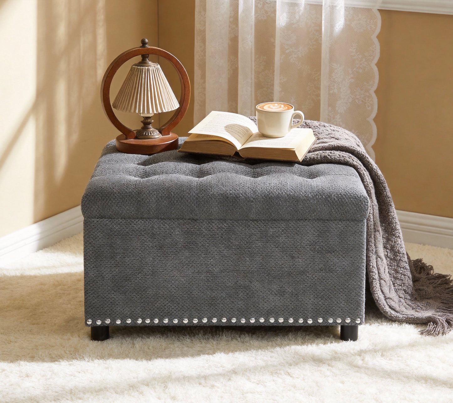 Storage Ottoman, Tufted Footstool, Nailhead Trim Ottoman, Square Storage Ottoman, Upholstered Coffee Table, Bedroom Storage, Living Room Accent, Light Gray Ottoman, Small Space Furniture, Home Decor.