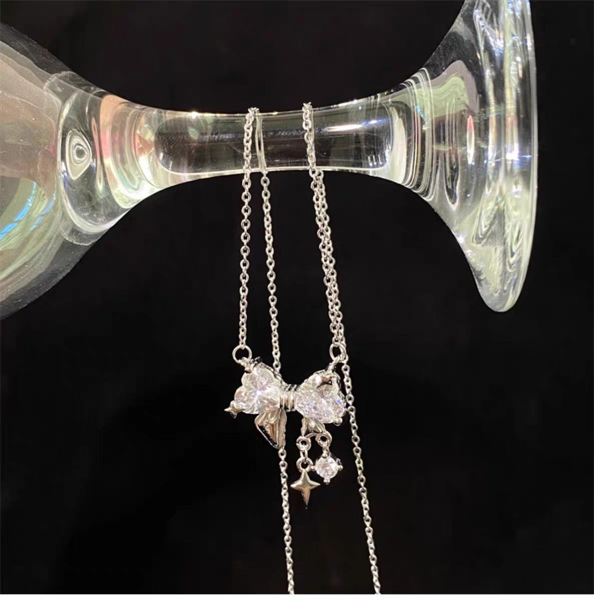 1pc 999 Sterling Silver Diamond-Encrusted Heart Bow Tassel Necklace, Sweet Minimalist Style, Perfect For Daily Wear & Valentine's Gifts