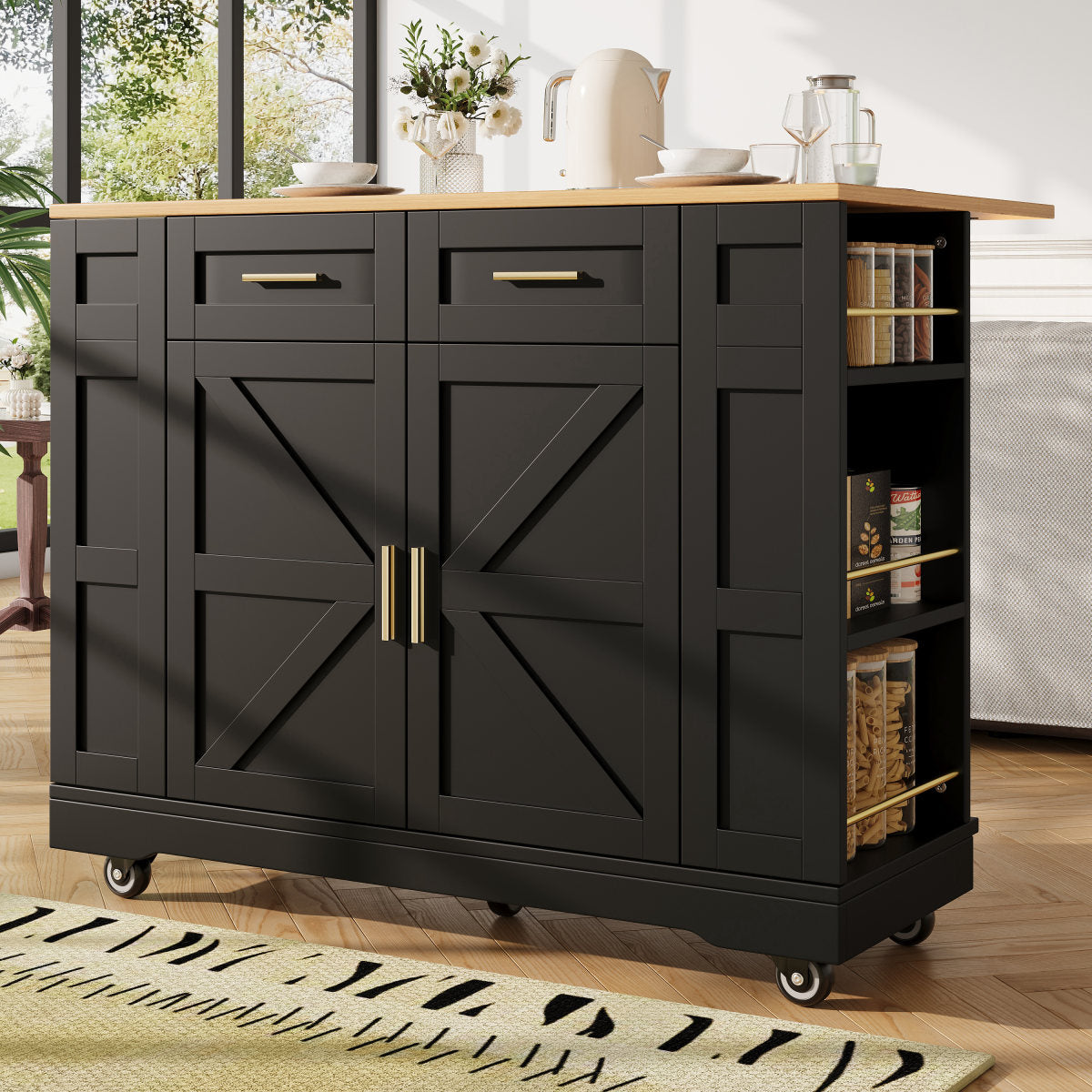 Kitchen Island On Wheels, Rolling Island Cart With 2 Drawers And Double-Sided Storage Racks, Storage Cabinet With Foldable Worktop, Mobile Carts, Portable Trolley For Home And Kitchen, Black