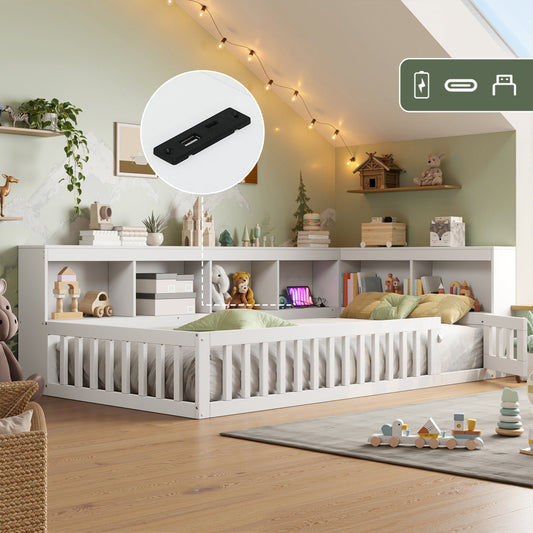 3ft Single Floor Bed Frame With Beside Bookcase And Storage Shelves, Full Floor Bed Frame With Guardrails And Door For Bedroom, USB And Type - C Ports, White  No Mattress