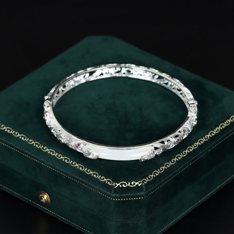Ancient Craft Gold-Plated Filigree S925 Silver Hetian Jade Hollow Bangle, Retro Style Gift For Women, Perfect For Valentine's Day & Birthday