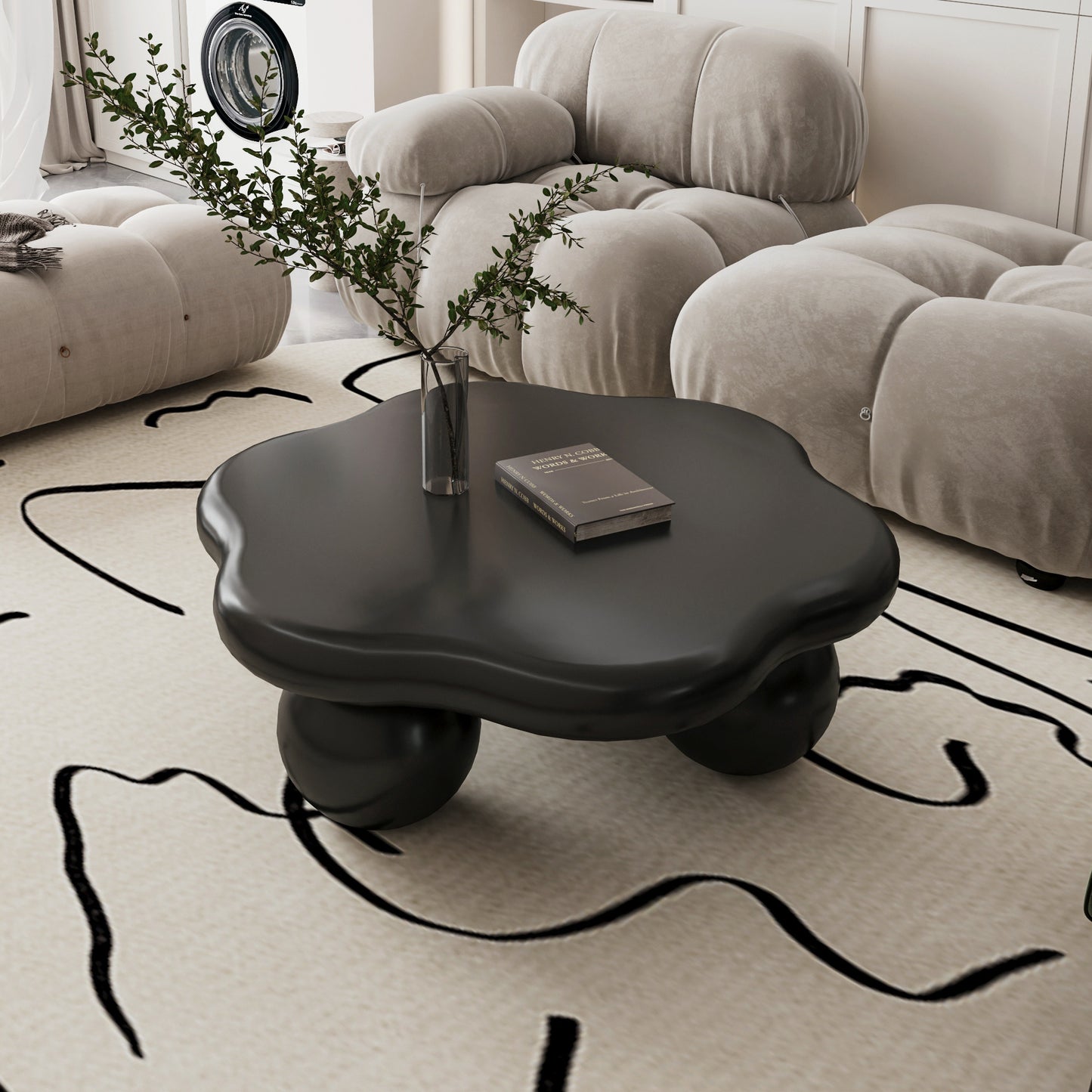 80cm Black Cloud Shaped Coffee Table, Petal-Shaped Modern Minimalist Coffee Table With Spherical Legs, Matte Black Kid & Pet Friendly Space Saving Living Room Table For Small Apartment, Matte Blac