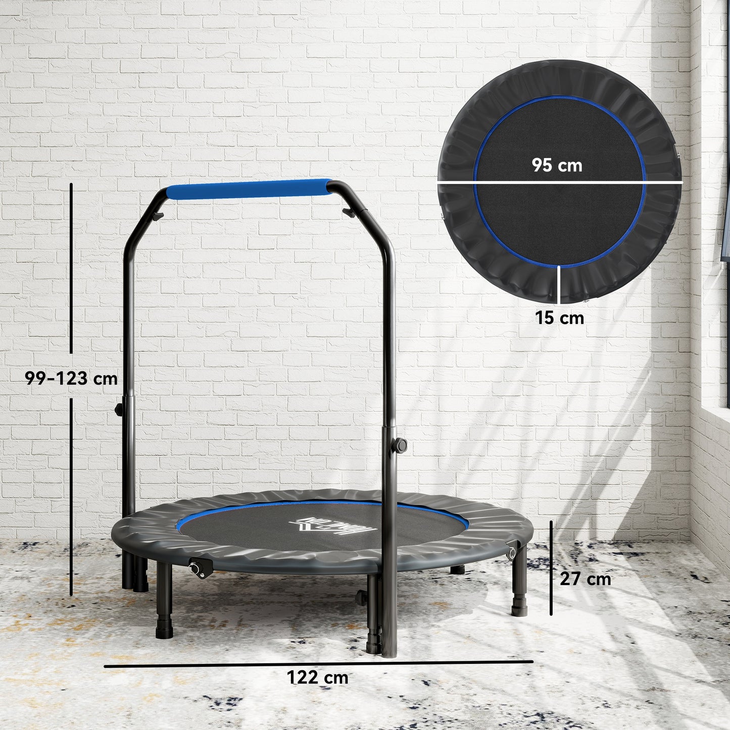48" Foldable Mini Fitness Trampoline, With Adjustable Foam Handle, Blue