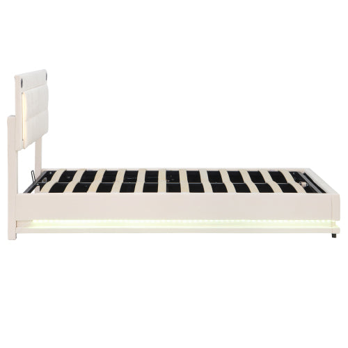 4ft6 Double LED Hydraulic Bed With Charging Station, Adjustable Square Tufted Headboard With Intelligent Control Light, Soft Velvet Bed Frame With USB And Type - C Ports, Beige
