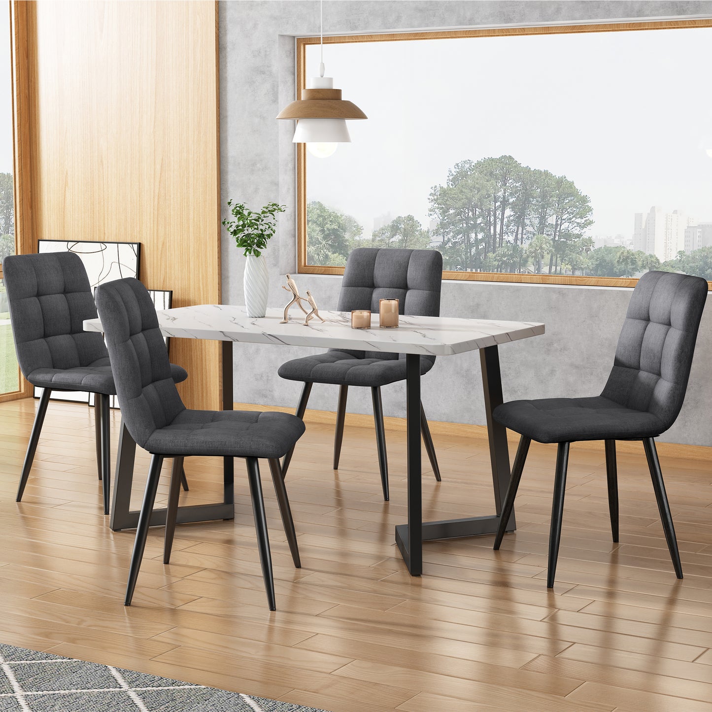 117x68cm Dining Table With 4 Chairs Set, Rectangular Dining Table Modern Kitchen Table Set,Dark Grey Linen Dining Chair,Black Table Legs