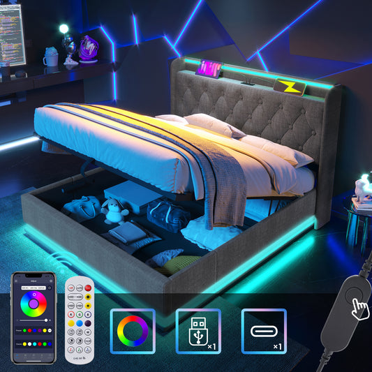 Upholstered Bed Double Bet, 360 Surround LED Function, Push Button App Remote Control, 140x200 Cm, Grey Linen Material Hydraulic Storage Bed, Padded Headboard With USB Type-C Charging Function  Withou