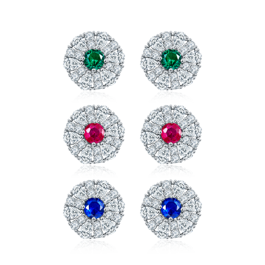 S925 Sterling Silver Cluster Stud Earrings, 3.5mm Lab-Grown Ruby Sapphire Emerald Halo, Platinum Plated 2.2g Women's Jewelry Gift Box