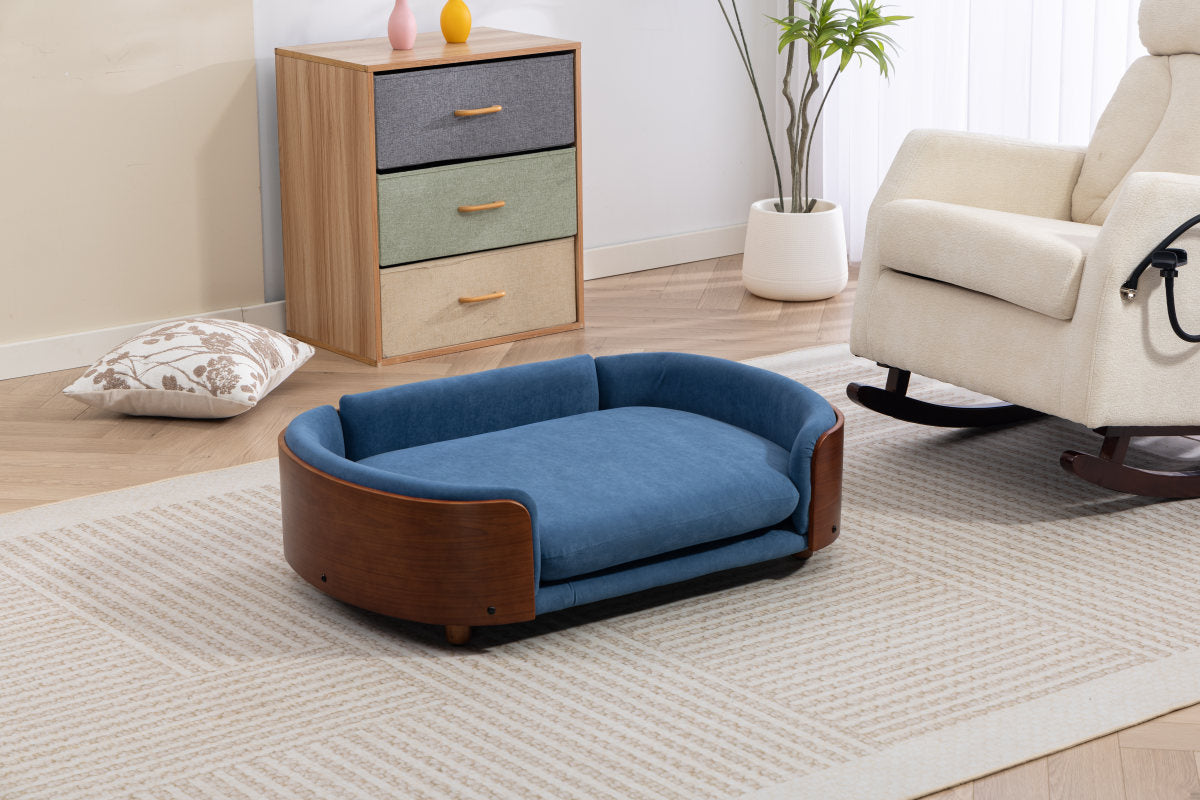 Scandinavian style Elevated Dog Bed Pet Sofa With Solid Wood legs and Walnut Bent Wood Back, Velvet Cushion,Large Size