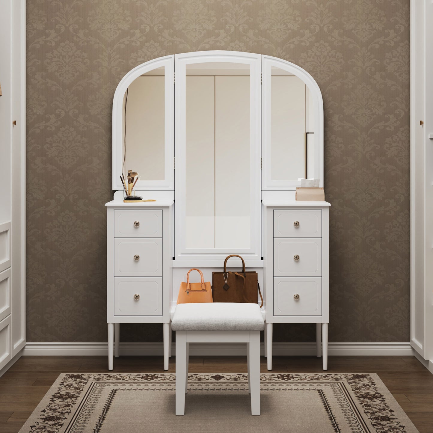 Antique Makeup Vanity Desk With Triple Mirror, 6-Drawer Dressing Table Set Including Stool, Full Length Mirror For Bedroom Dressing Room, White
