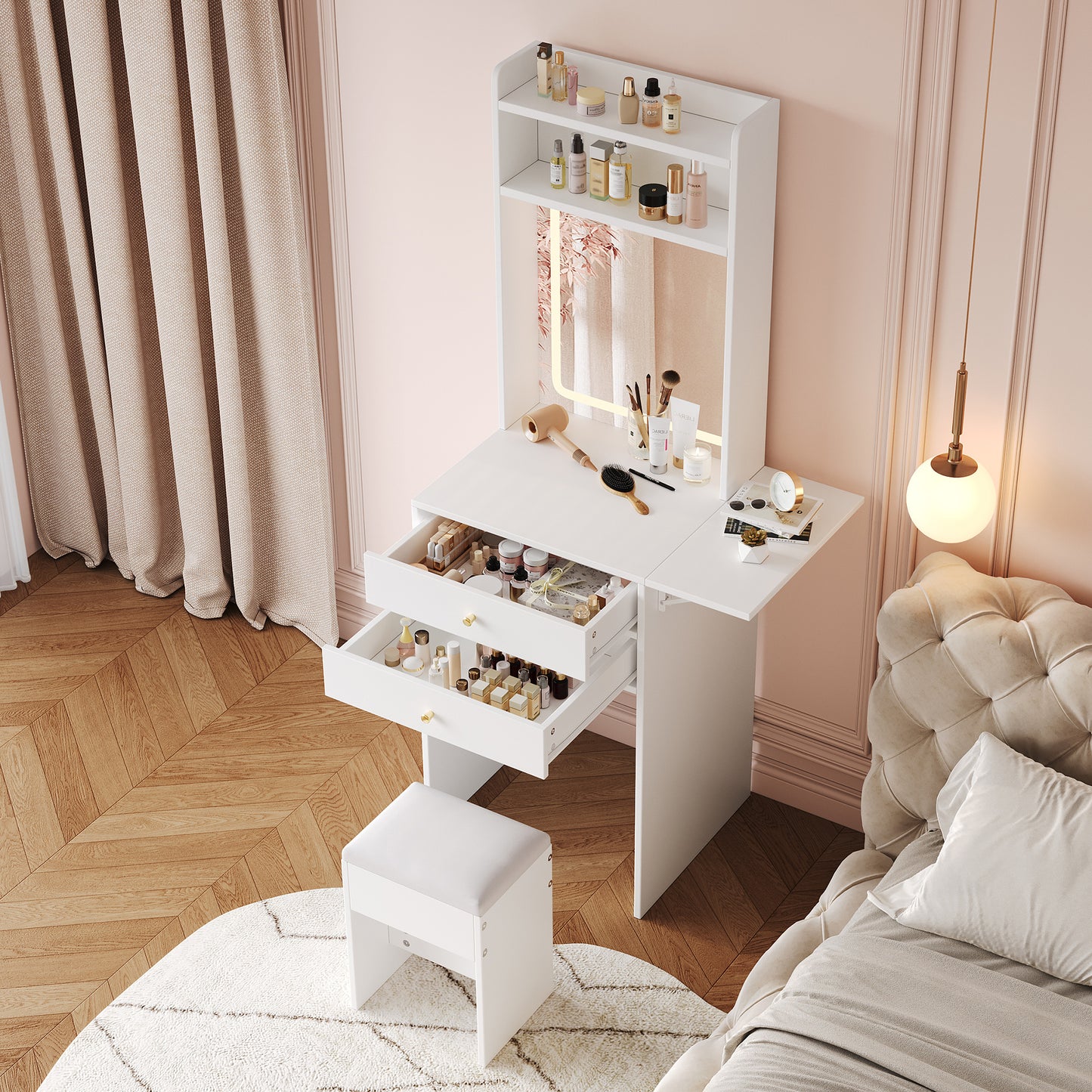 Small Dressing Table With Adjustable LED Lighting And -Incl. 1 Stool, 2 Drawers, Two Open Compartments And Storage Space With 25cm Folding Table Top Colour White Dimensions  WxHxD 75 X156 X45 Cm