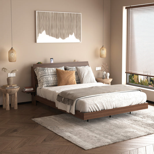Floating Bed Frame Queen With Led Lights And Charging Station, Wood Queen Size Bed Frame With Storage Headboard, No Box Spring Needed, Easy Assembly,Walnut