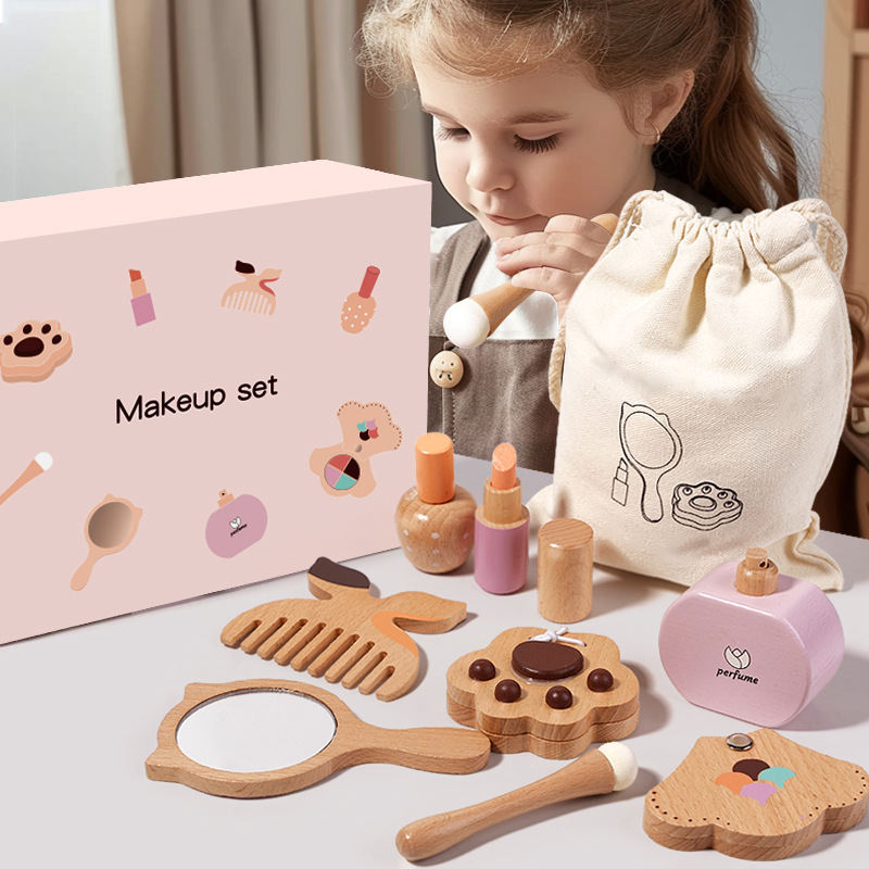 Children's Wooden Princess Makeup Bag Set With Imitation Cosmetics