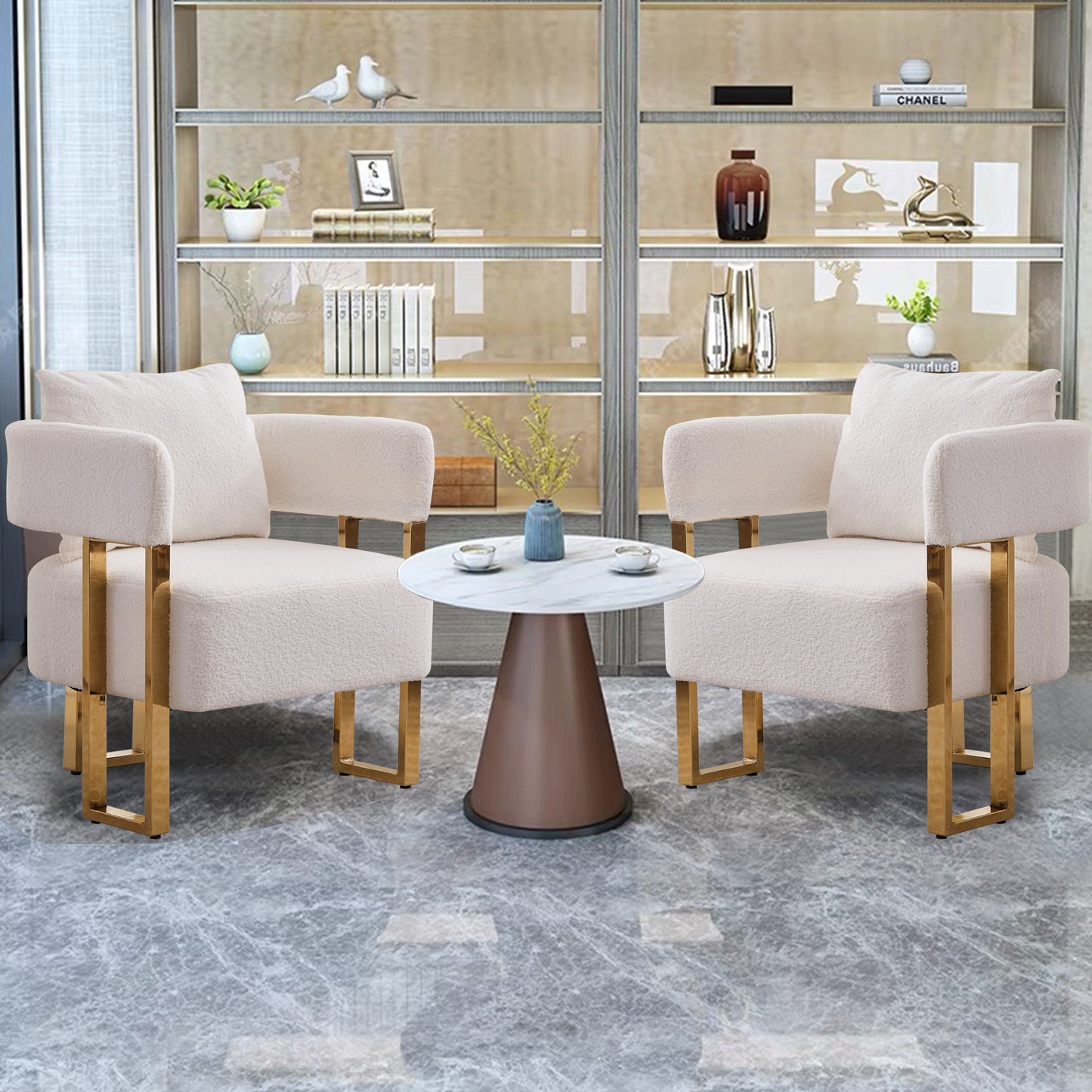 TS Modern Decorative Chair, Living Room Side Chair With Gold Metal Legs, No Wheels, Suitable For Dressing Area, Reception Room, Office,Teddy Fleece Upholstered Metal Foot Sofas 2PCS White