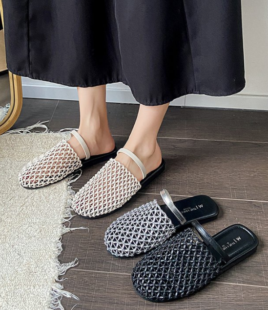 Women French Mesh Closed Toe Mules, New Spring Outdoor Wear Mesh Hollow Woven Platform Roman Slide Sandals