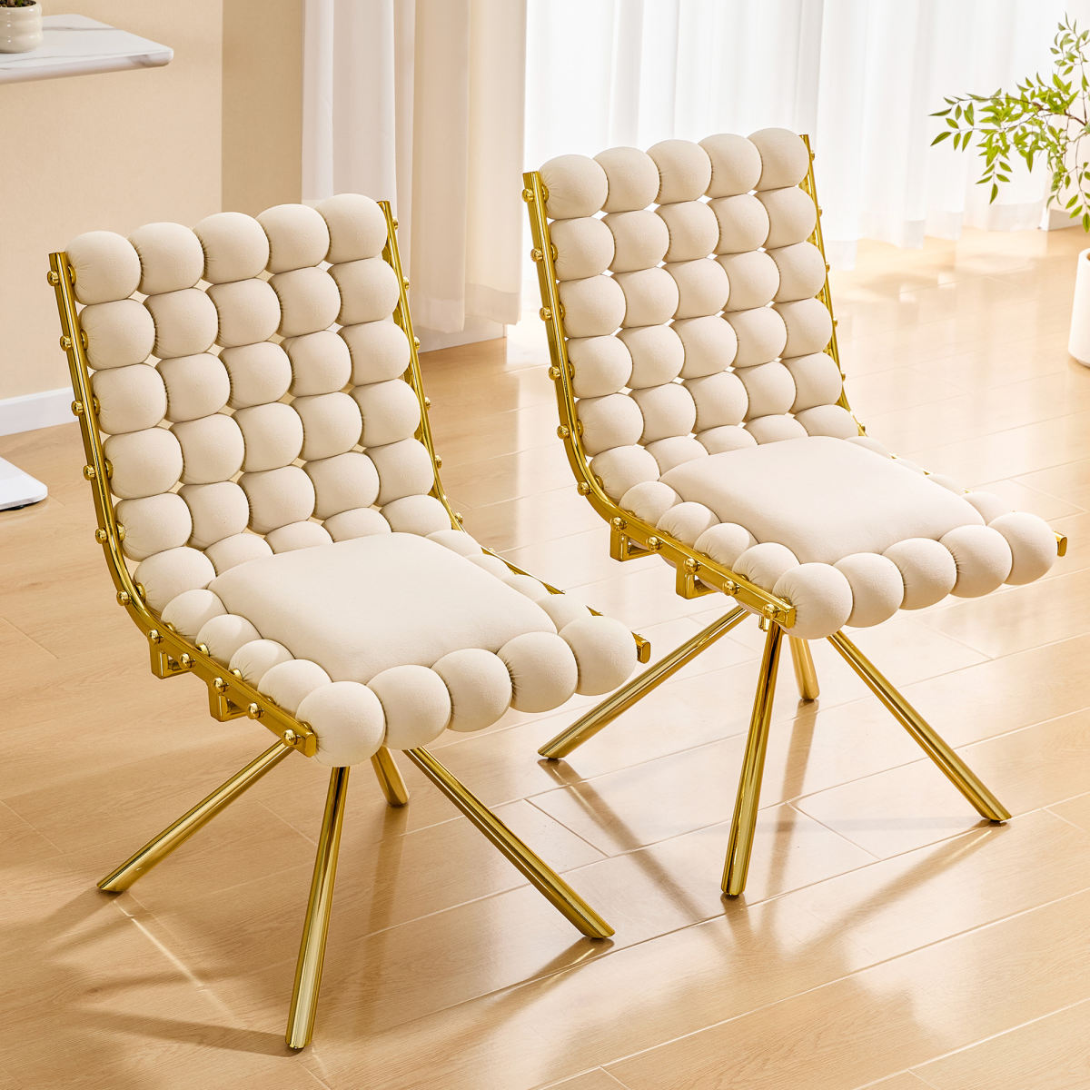 Set Of 2 Cream Bubble Tufted Swivel Accent Chair, Modern Velvet Armless Chair With Gold Metal Frame For Dining Room, Living Room & Vanity Desk