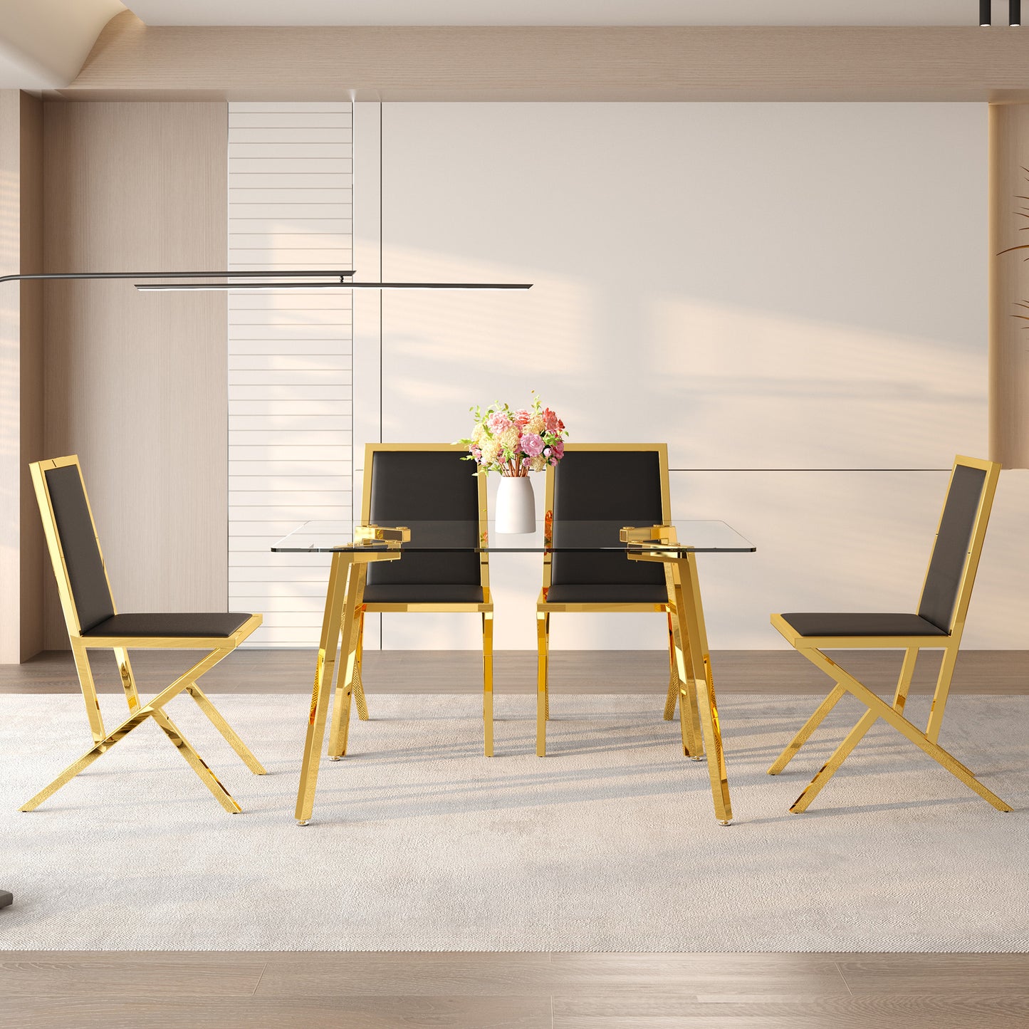 Table And Chair Set.51 X 31.5-inch Tempered Glass Dining Table, Paired With A Set Of 4 Black PU Dining Chairs. Modern Light Luxury Home Restaurant Table And Chair Combination.