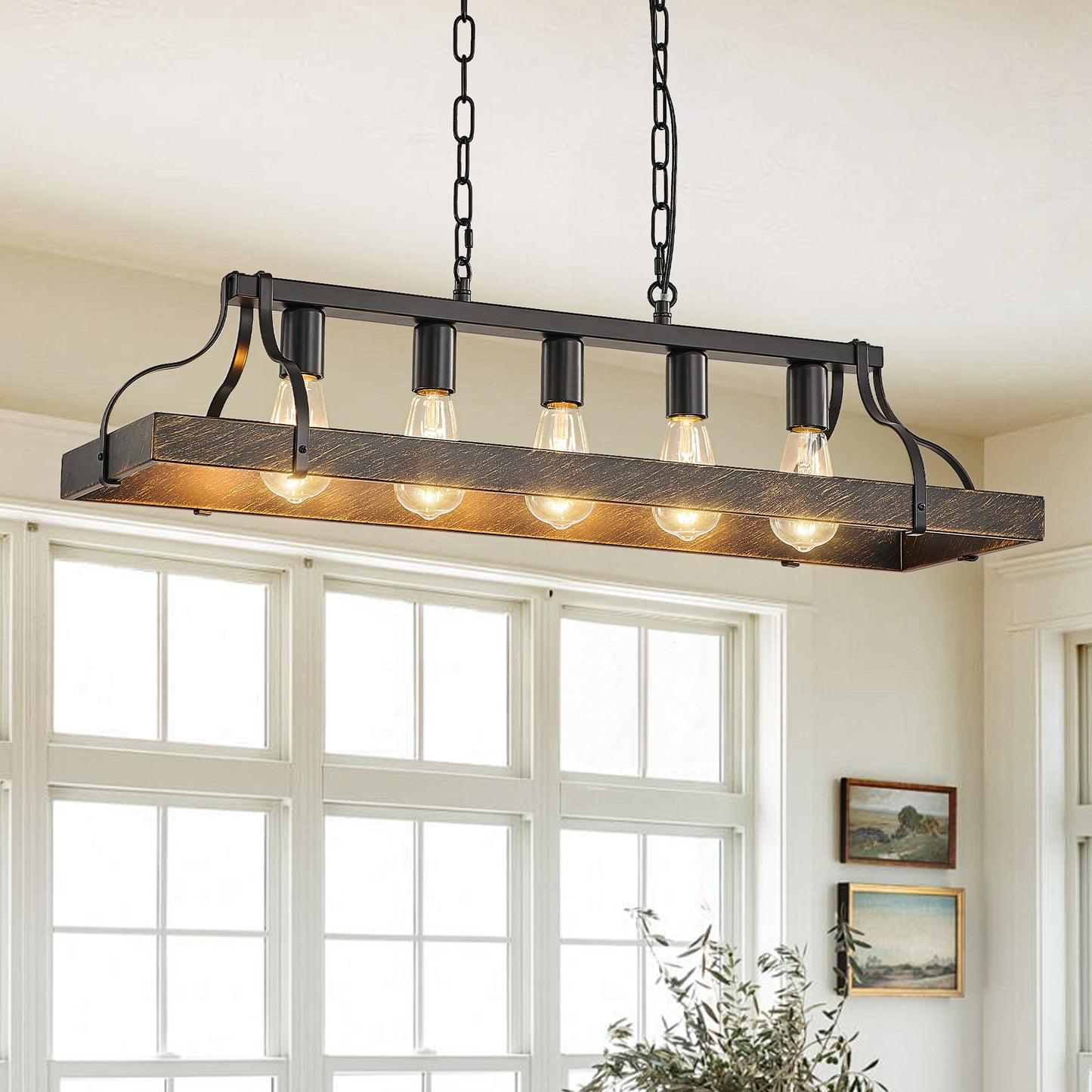 34-Inch Black Gold Vintage Pendant Light, 5 E26 Bulb Sockets, Adjustable Chain Height  Antique Style Chandelier For Dining Room, Kitchen, Or Living Room Bulb Not Included