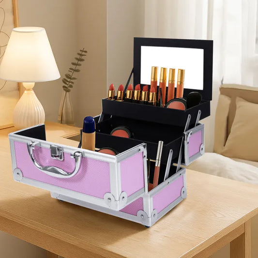 SM-2176 Aluminum Makeup Train Case Jewelry Box Cosmetic Organizer With Mirror 9'x6'x6' Pink