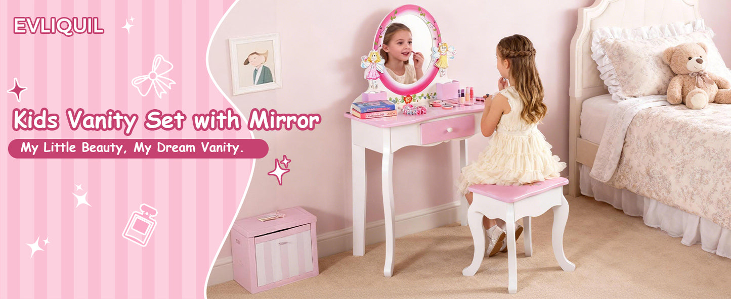 Kids Vanity Set Floral Printed Wooden Makeup Dressing Princess Table With Mirror And Stool For Role Playing Pink