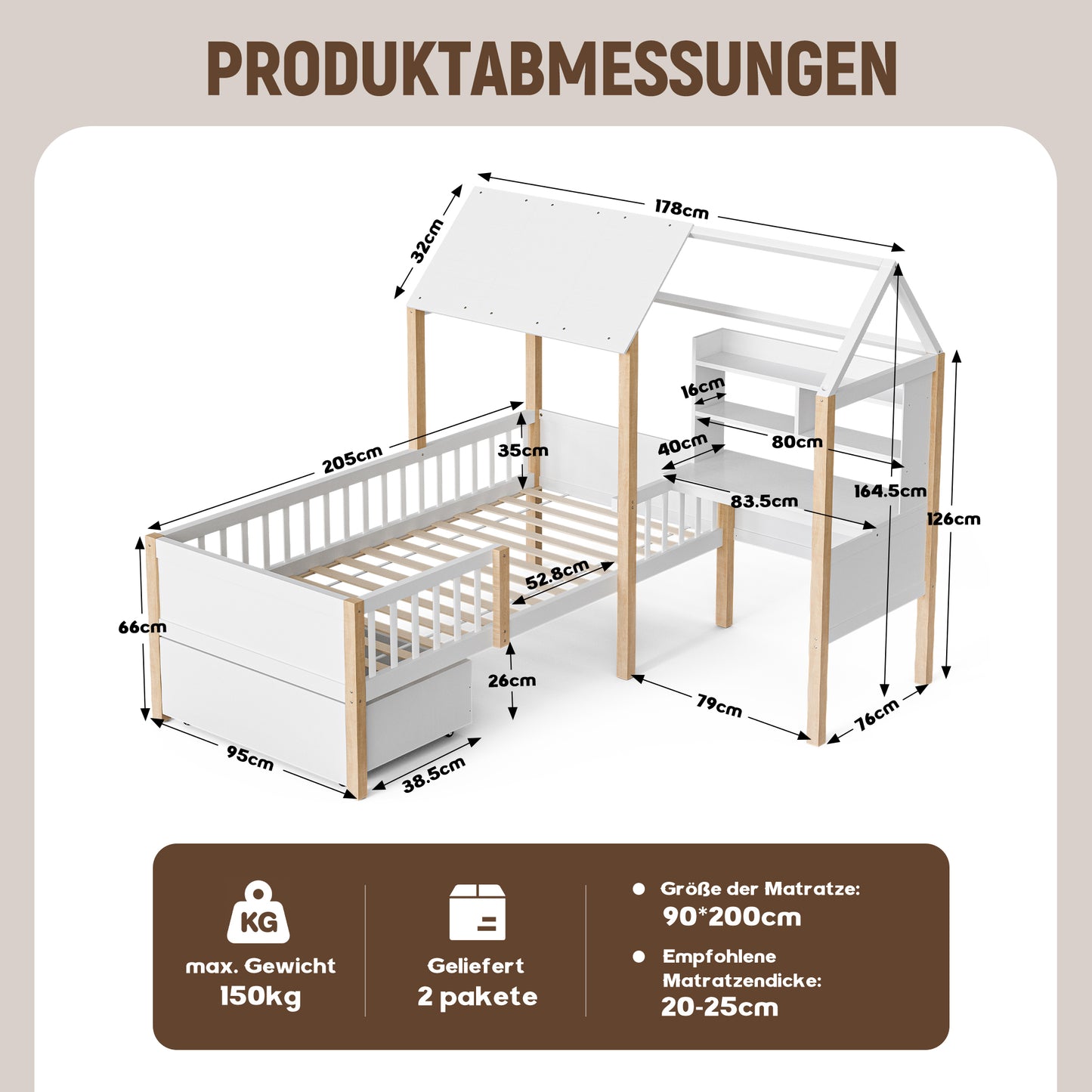 Old SKU W2845S00049  90 X 200 Cm Children's Bed With Fall-out Protection And Slatted Frame, L-shaped Desk And Bookcase, Drawers With Wheels, Multifunctional House Bed Made Of Solid Wood, White