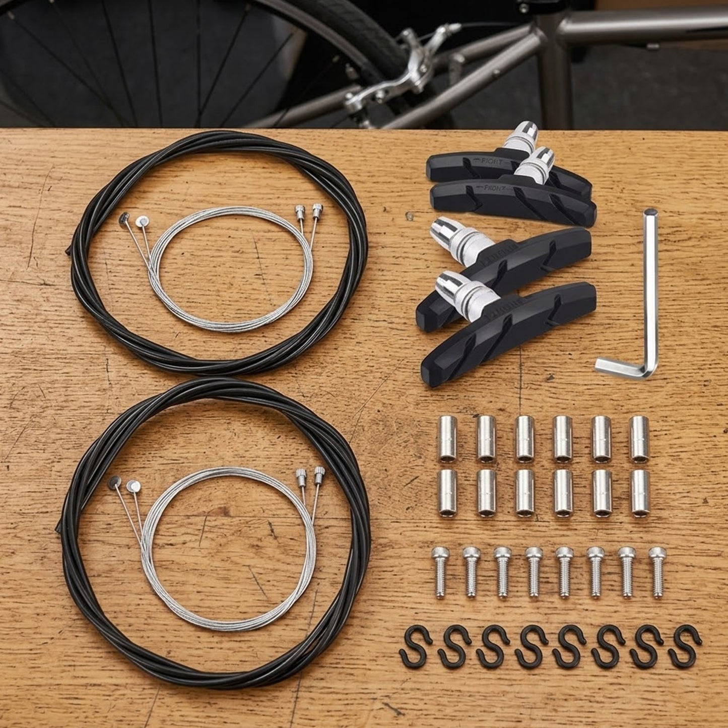 Bicycle Brake Cable Set With V-Brake Pads, 2x Brake Cables, 4x Brake Pads (2L+2R), 1x M5 Allen Wrench, Repair Kit Accessories