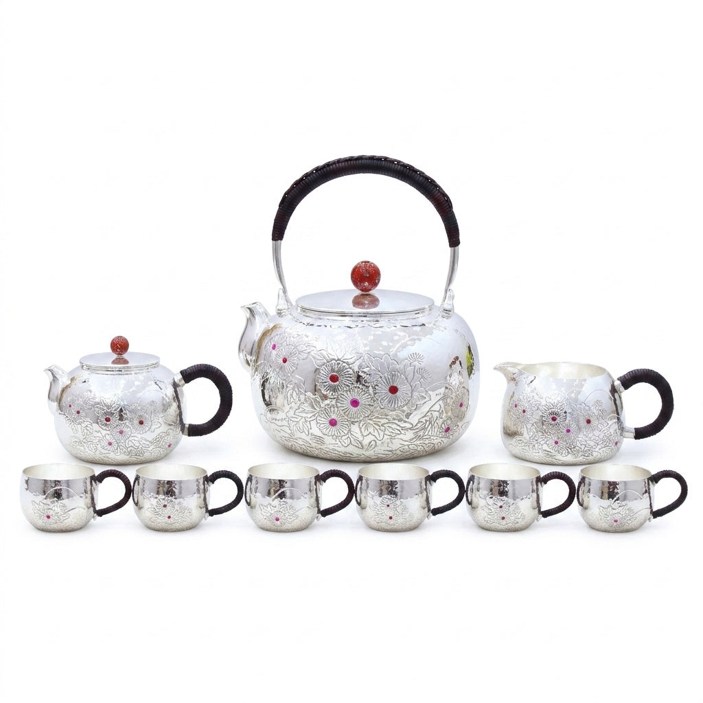 925 Sterling Silver Vintage  Tea Set with Floral Engraving and Red Accents - Handicraft