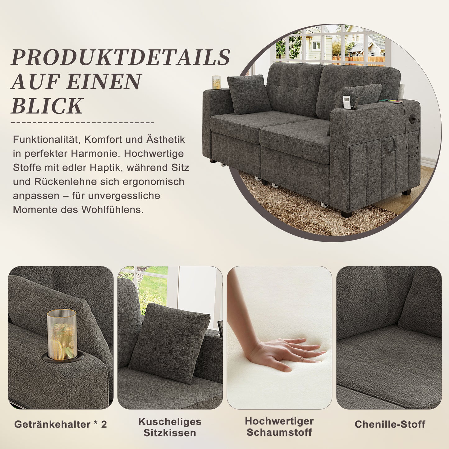 Two-seater Sofa With Two Storage Drawers And USB Charging Ports, With Cup Holders And Side Pockets, Equipped With Hidden Storage Compartments. Suitable For Living Rooms, Apartments And Reading Corners