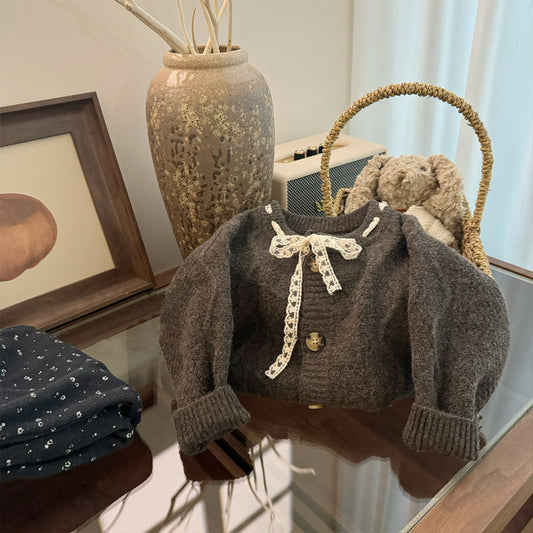 Korean-style Baby Ruffled Forest-themed Knit Sweater Autumnwinter Lace-trimmed Tie-up Sweater For Little Girls