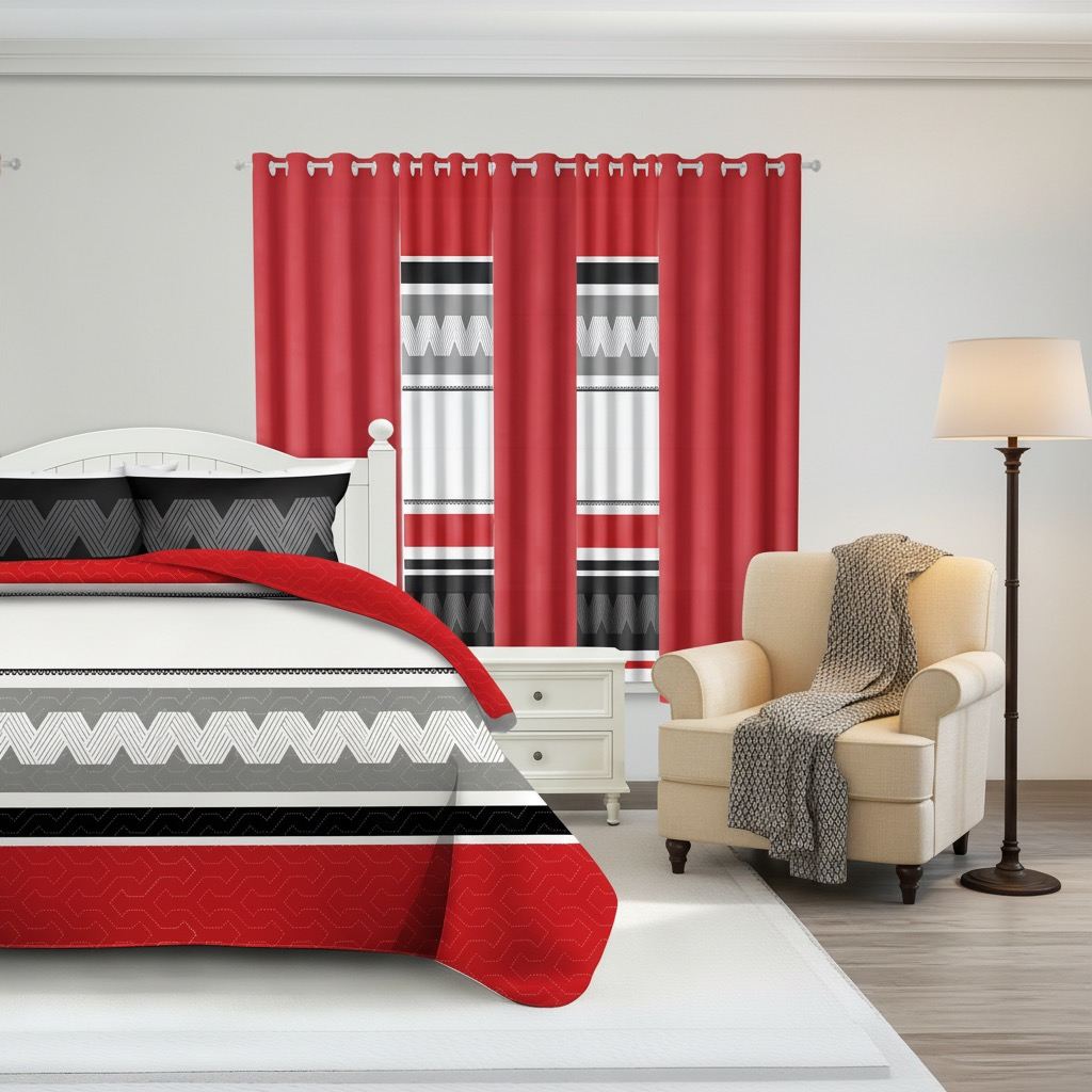 9 Piece Room In A Bag Quilt And Curtain Set, US Designer Red And Black Geometric Chevron Heavyweight Bedspread With 6 Customizable Window Panels, Pet-Friendly High GSM Coverlet