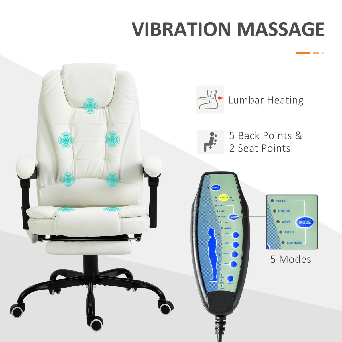 7-Point Vibrating Massage Office Chair High Back Executive Recliner With Lumbar Support, Footrest, Reclining Back, Adjustable Height, White