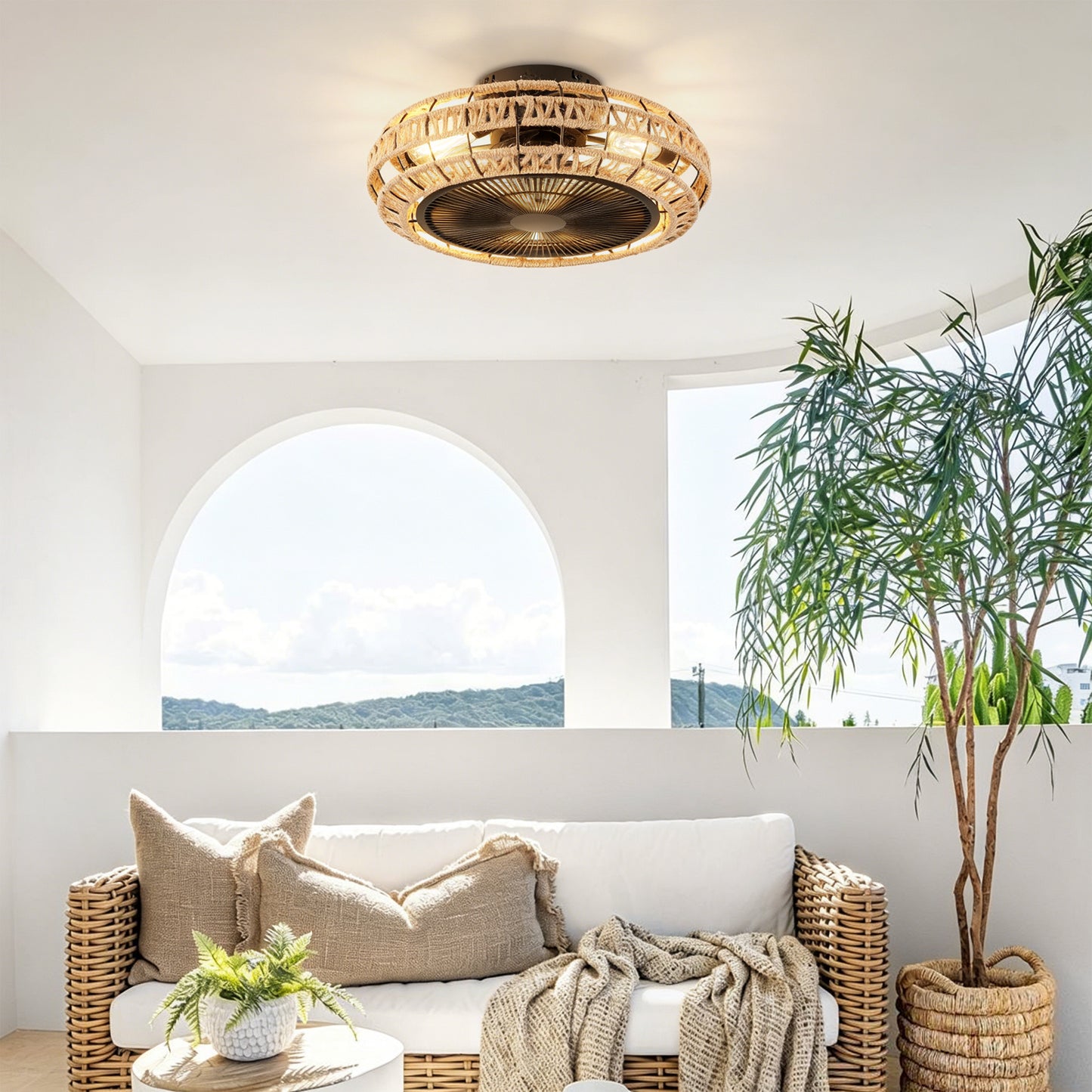20  Vintage Rope Fan Light With Remote Control 6 Speed Adjustable Airflow Ceiling Fan For Living Room, Bedroom,Kitchen--NOT INCLUDED BULBS