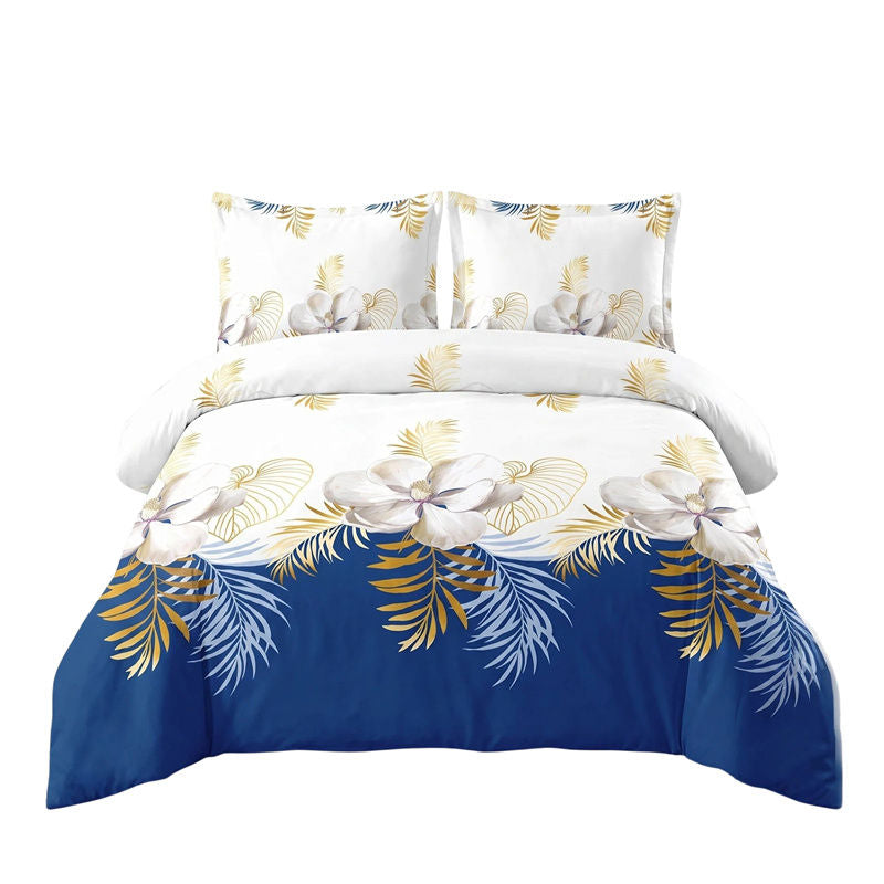 3 Piece Duvet Cover Set, US Designer Navy Blue And Gold Tropical Floral Botanical Print High GSM Heavyweight Comforter Cover With Zipper & Corner Ties, Pet-Friendly Microfiber Bedding