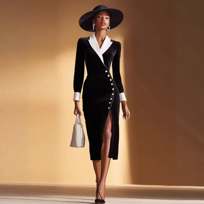 Office Lady Black Velvet Midi Skirt