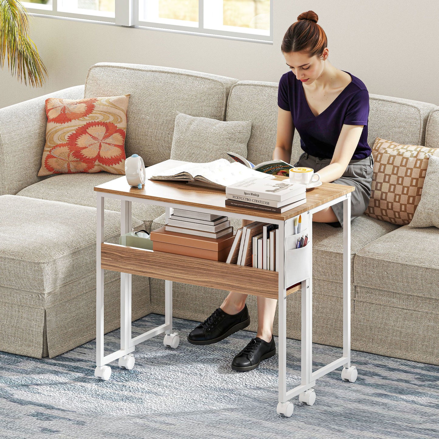 Folding Computer Desk, Foldable Desk with Storage Bag, Shelf and Wheels for Small Spaces, Home Office, Natural Wood