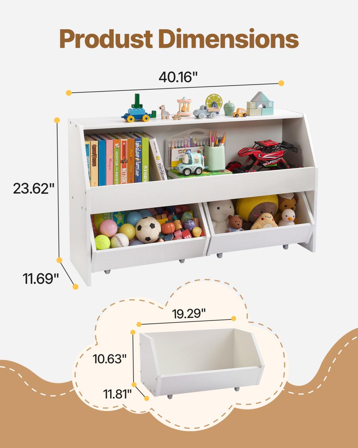 Toy Storage Organizer, Wooden Kids Bookshelf With Storage, Toy Storage Cabinet With 2 Mobile Drawers, Kids Storage Organizer For Bedroom, Nursery, Living Room, Entryway, Preschool, White