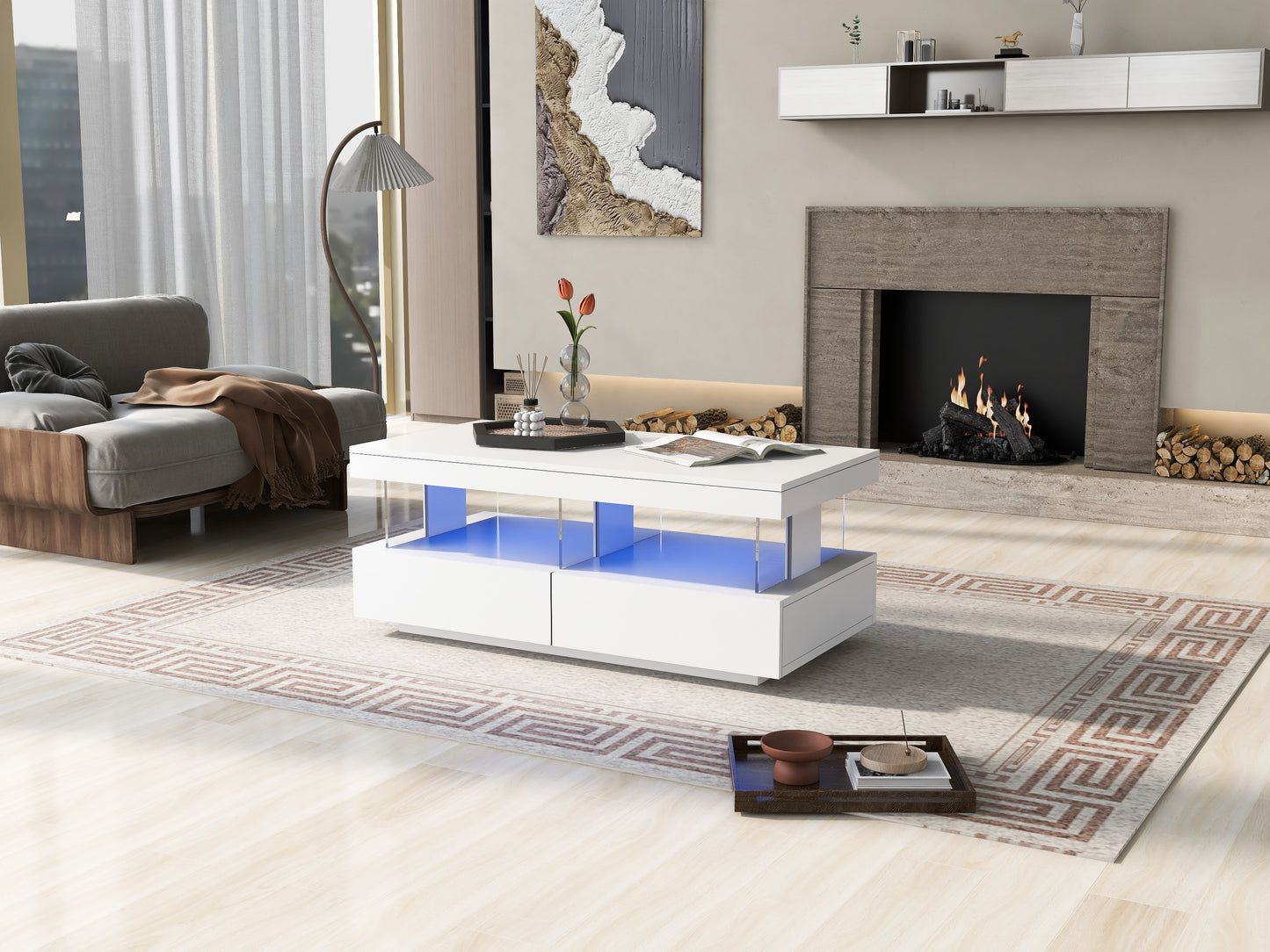 White High Gloss LED Coffee Table, Tea Table With 16 Colors LED Lights, Coffee Table With 2 Drawers And Open Storage Space, Rectangular Table For Office,Store And Living Room 100x60x49.5cm