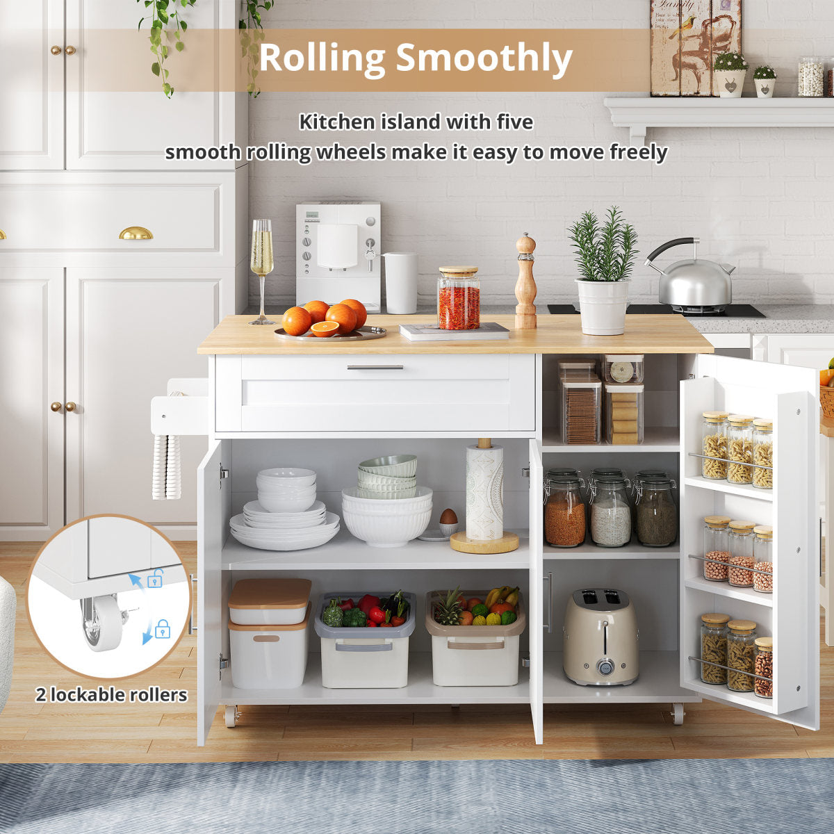 L132.5xB44    70xH90cm Large Mobile Kitchen Table, Foldable Countertop, Oak Wood Grain, Multifunctional Cabinet, Spice Rack, Towel Holder, 5 Wheels, Suitable For Kitchen Dining House