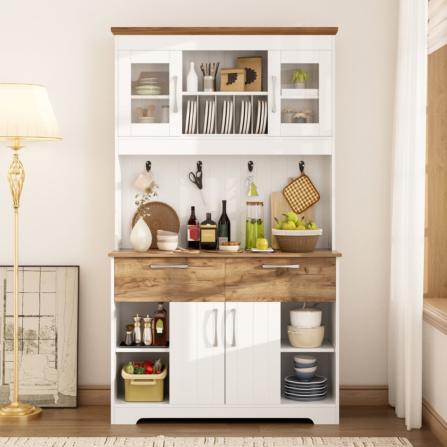 Large Kitchen Buffet Cabinet With Storage Space, Kitchen Cabinet With Display Cabinet Compartments, 2 Drawers, Doors And Hook Rail  Modern Buffet Cabinet For Kitchen, Dining Room & Hallway, 106 X39