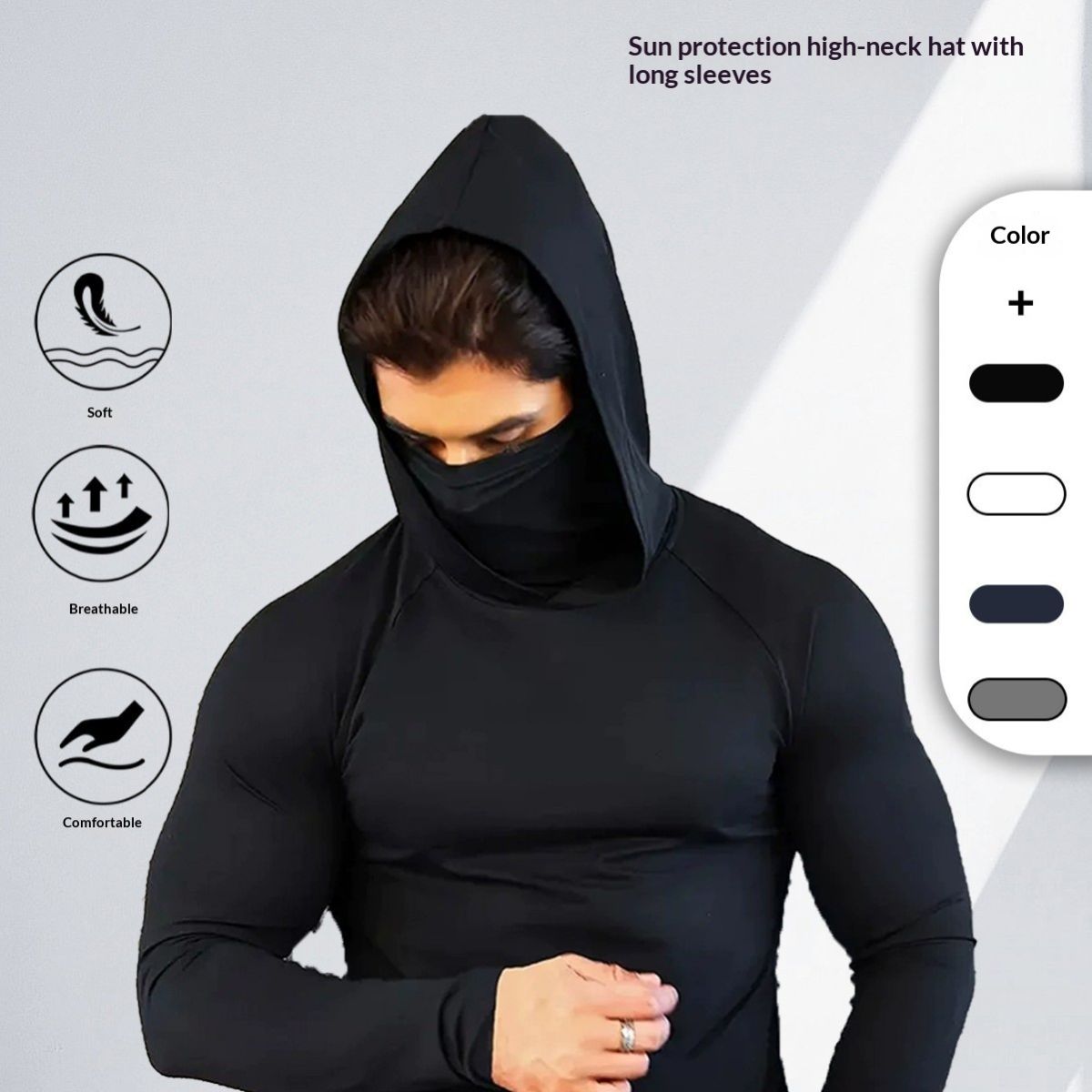 Mens Summer Fitness Apparel Tight-Fitting Quick-Drying Outdoor Hooded Sun-Protective Top