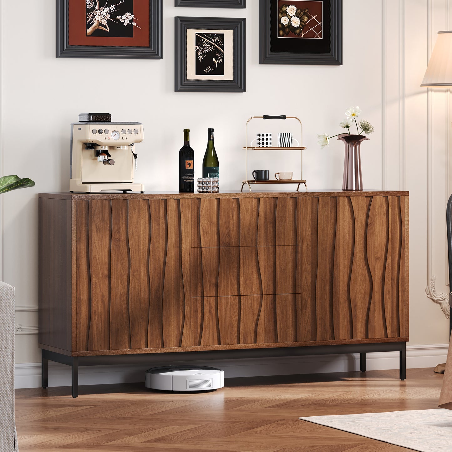 Sideboard 150cm Dark Grained Oak, 3 Drawers, Large Sideboard, Kitchen Cabinet, One-Piece Recess, Mid Century Modern Decorative Cabinet For Kitchen, Living Room, Entryway, Hallway
