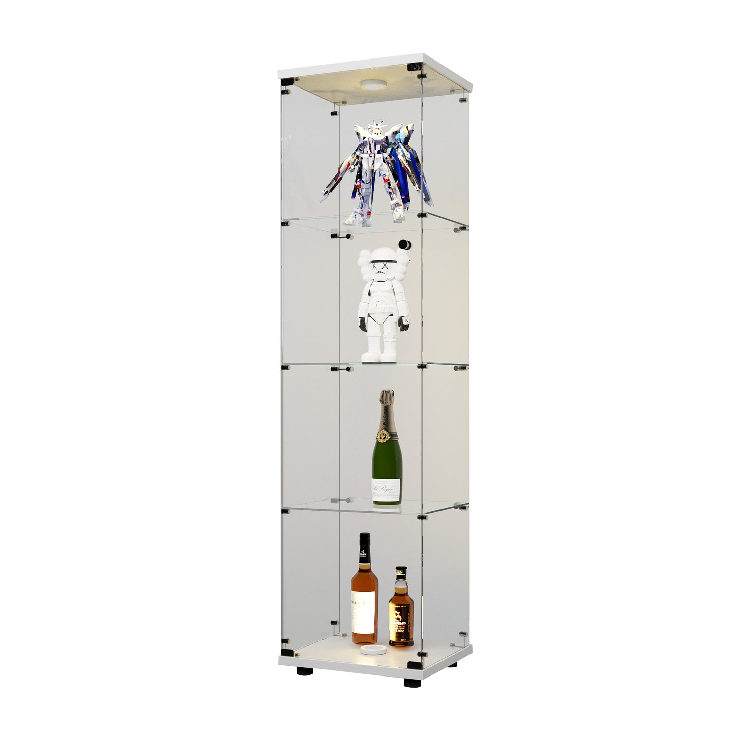 LED Lights Glass Display Cabinet 4 Shelves With Door, Floor Standing Curio Bookshelf For Living Room Bedroom Office, 64.7 X16.7 X14.3   White
