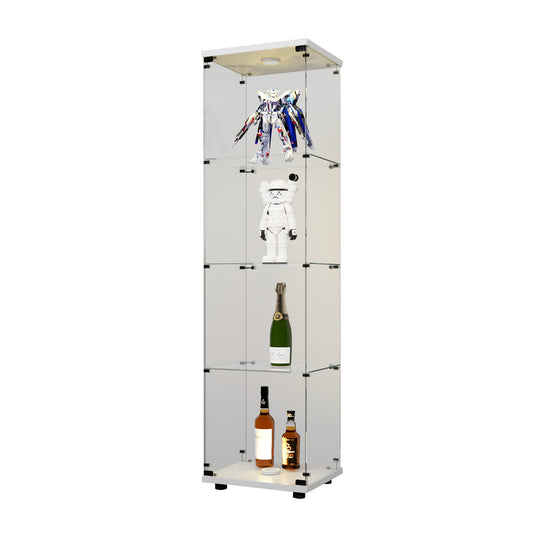 LED Lights Glass Display Cabinet 4 Shelves With Door, Floor Standing Curio Bookshelf For Living Room Bedroom Office, 64.7 X16.7 X14.3   White