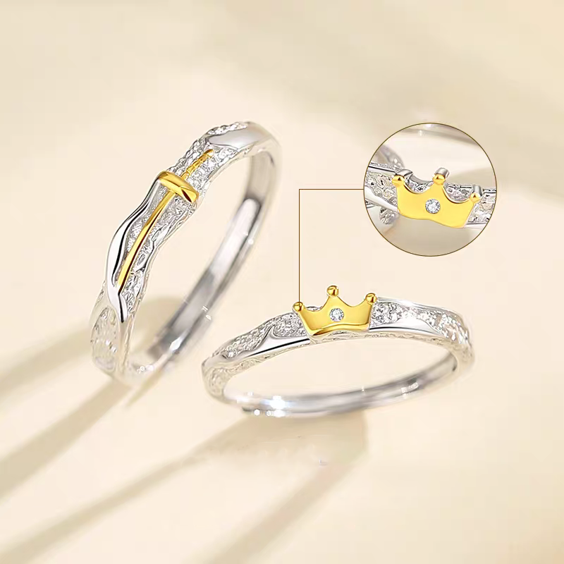 1 Pair 999 Sterling Silver Princess & Knight Couple Rings Adjustable Open Cuff, Romantic Fairytale Design, Ideal Valentine's Day Gift For Lovers