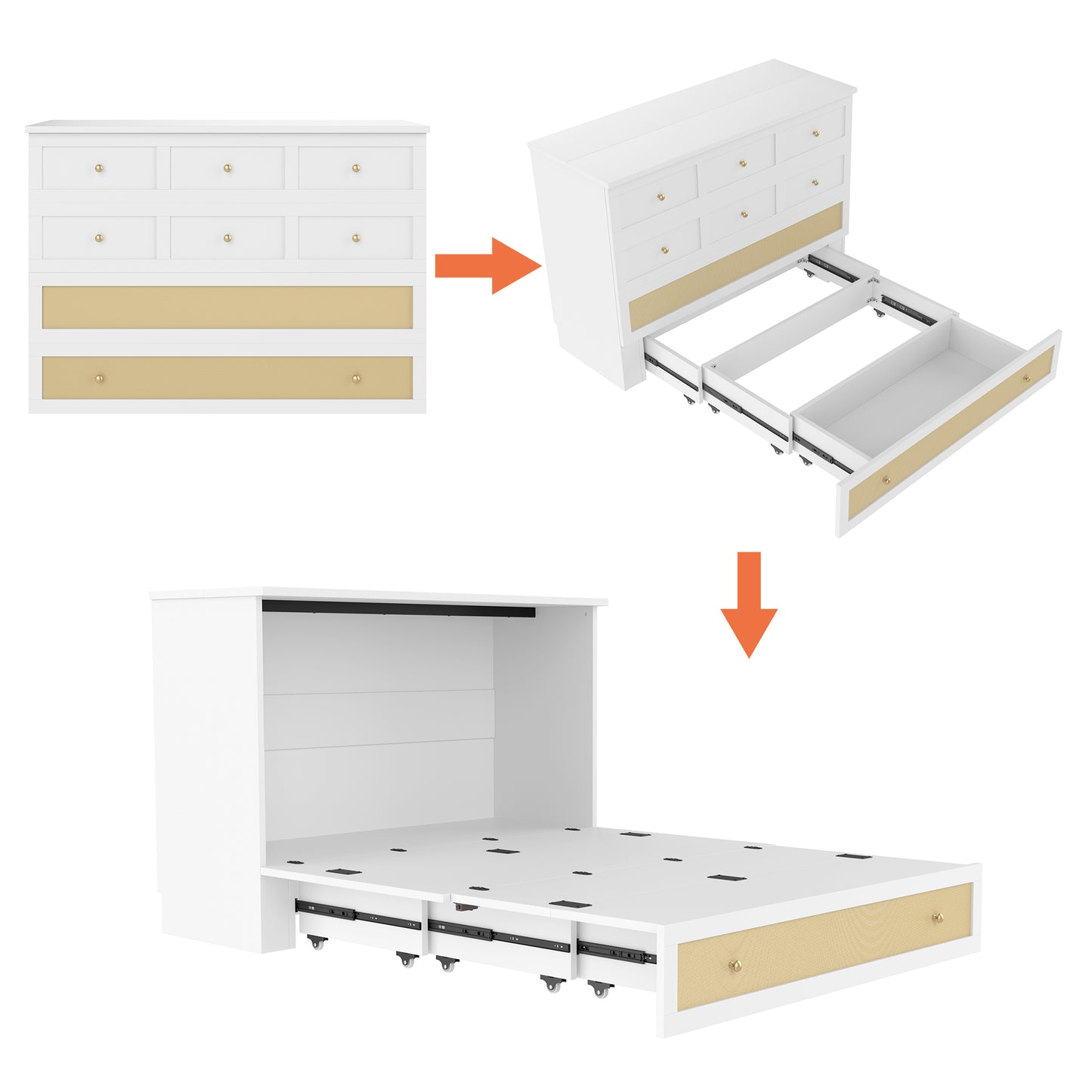 Murphy Bed, 140 X 200, Mobile Murphy Bed With Drawers At The End Of The Bed And Shelf At The Head Of The Bed, With USB And Socket, Convertible Platform Bed, Without Mattress, White