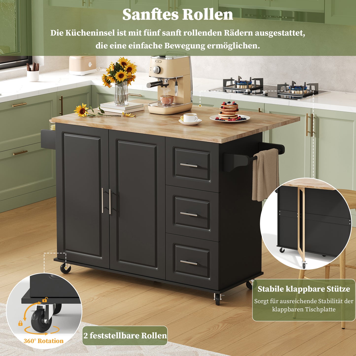L137xW43 XH92cm Large Mobile Kitchen Table, Oak Countertop, Folding Design, Multifunctional Cabinet, 3 Drawers, Towel Rail, Suitable For Kitchen, Dining Room, Home