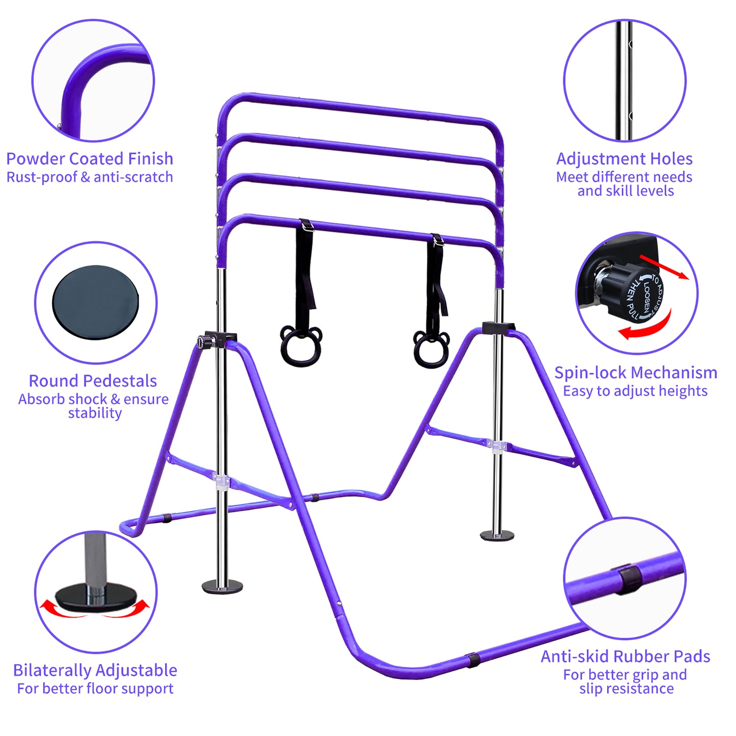 Children's Gymnastics Bar, Height Adjustable From 88.9 -- 129.54 Cm, Convenient For Storage, Non-slip, Suitable For Home Outdoor Training For Beginners And Young Athletes, Purple.